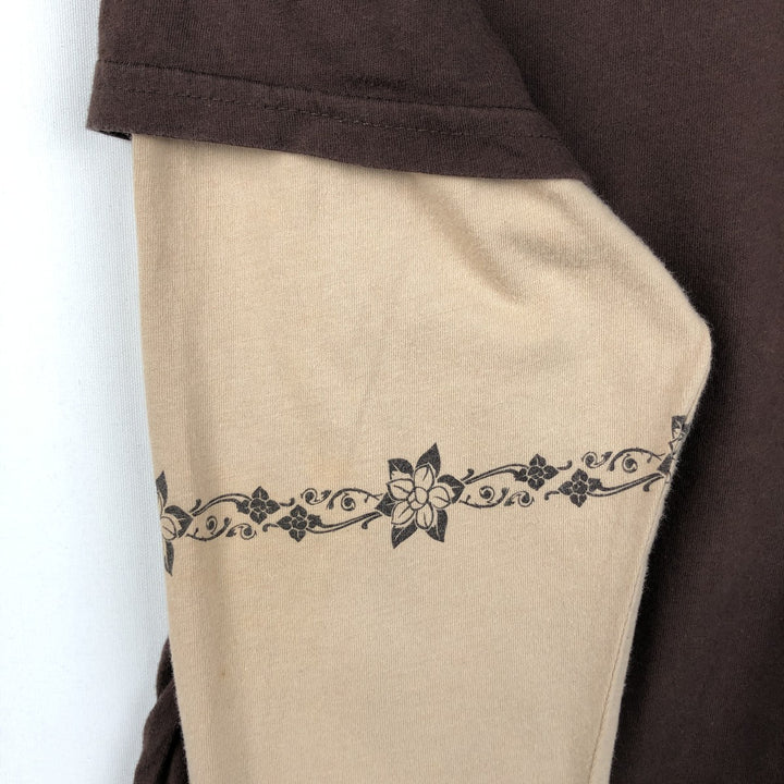 2000'S Harley-Davidson Floral Print V-Neck Long-Sleeve T-Shirt with Rhinestones (Women's XXL equivalent) cotton brown type Vintage Second Hand