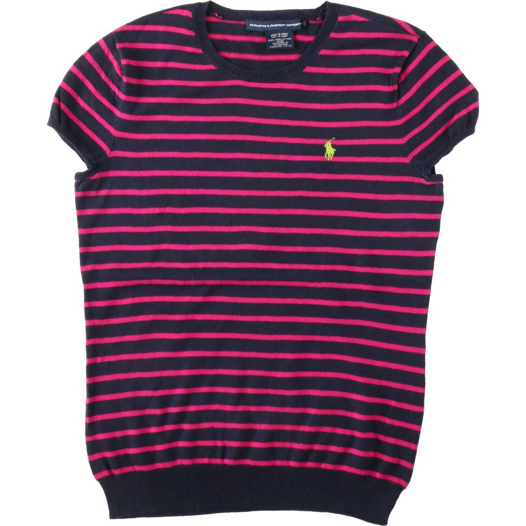 Ralph Lauren RALPH LAUREN SPORT Border Pattern Cap Sleeve Short Sleeve Pima Cotton Knit Sweater, Women's Size M (approx.) Pima Cotton black type Vintage Second Hand