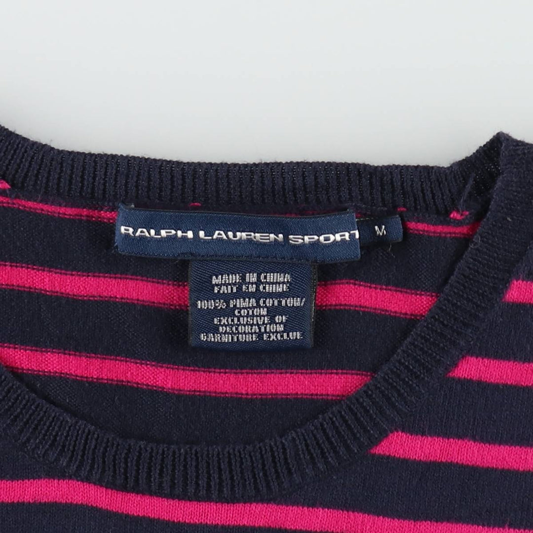 Ralph Lauren RALPH LAUREN SPORT Border Pattern Cap Sleeve Short Sleeve Pima Cotton Knit Sweater, Women's Size M (approx.) Pima Cotton black type Vintage Second Hand