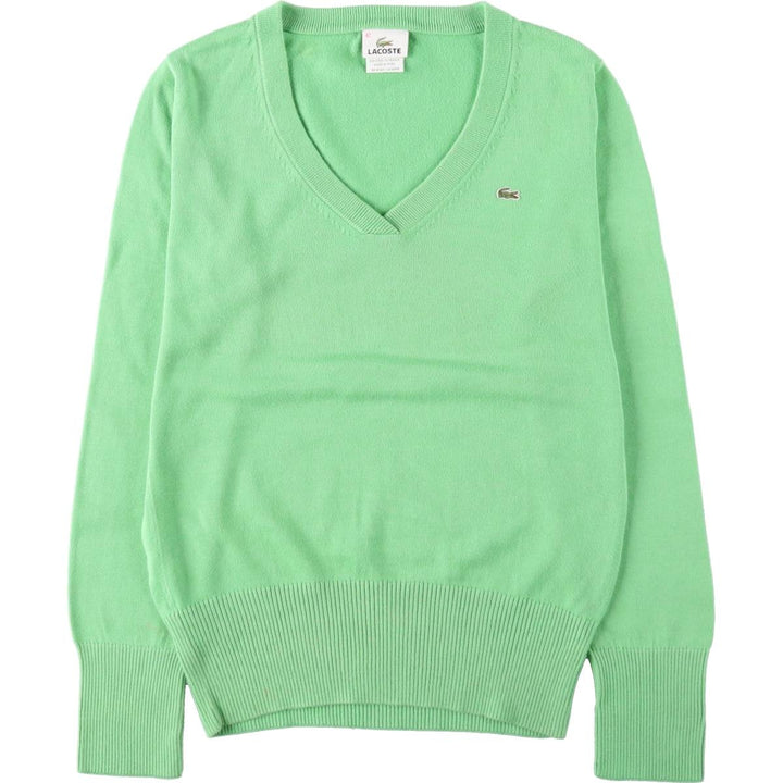 Lacoste (LACOSTE) French design V-neck cotton knit sweater, women's size M (approx.) cotton green type yellow green Vintage Second Hand