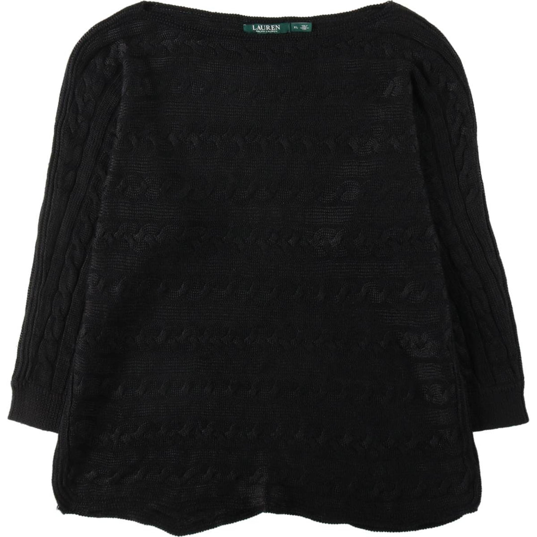 Ralph Lauren LAUREN Cable Knit Boat Neck 3/4 Sleeve Cotton Knit Sweater, Women's Size XL (approx.) cotton black type Vintage Second Hand