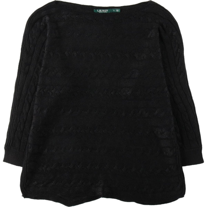 Ralph Lauren LAUREN Cable Knit Boat Neck 3/4 Sleeve Cotton Knit Sweater, Women's Size XL (approx.) cotton black type Vintage Second Hand