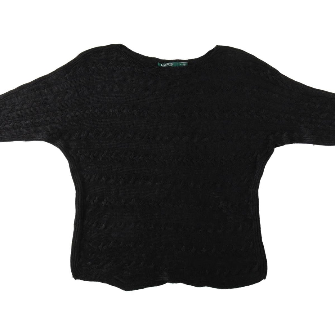 Ralph Lauren LAUREN Cable Knit Boat Neck 3/4 Sleeve Cotton Knit Sweater, Women's Size XL (approx.) cotton black type Vintage Second Hand