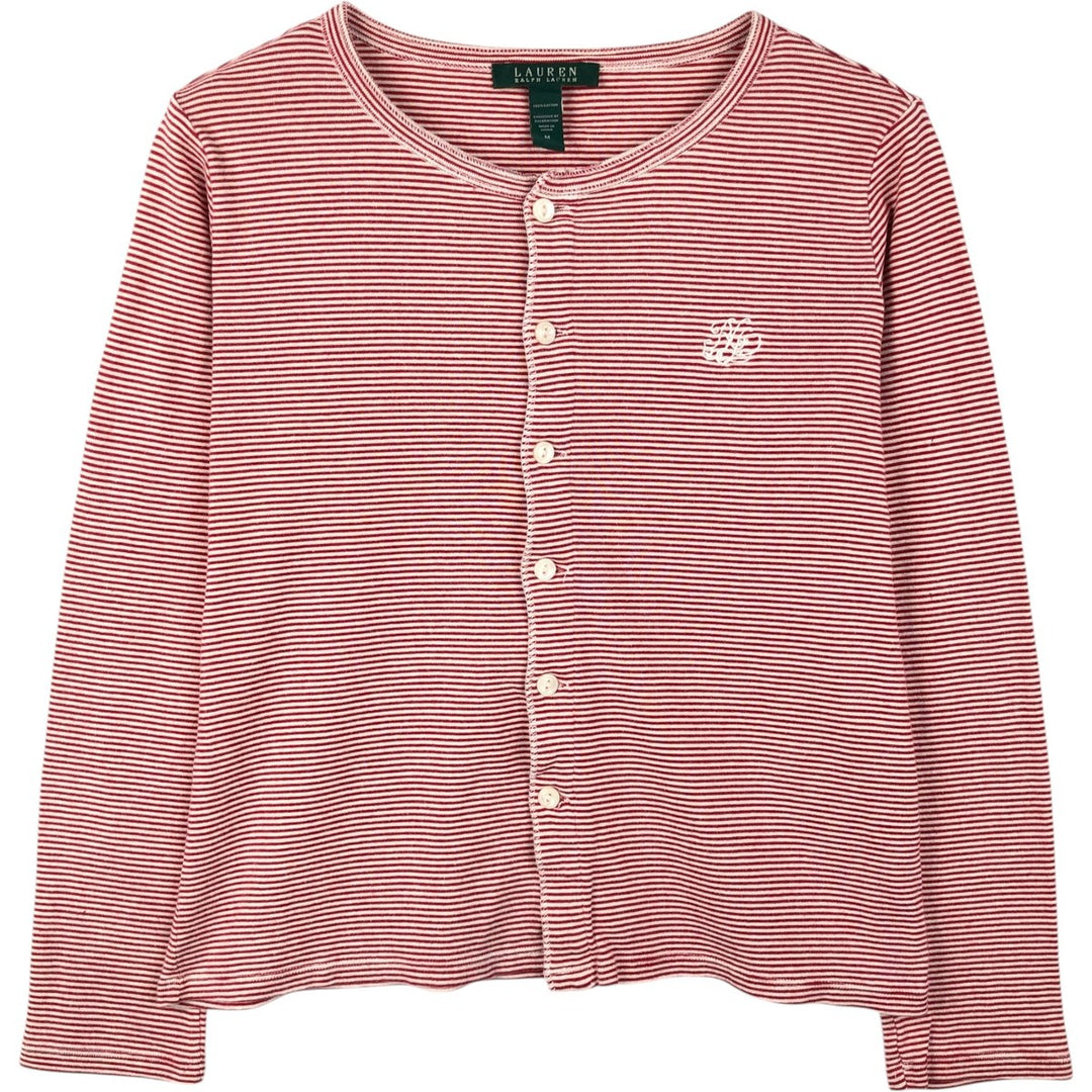 Ralph Lauren LAUREN Cotton Knit Cardigan with Striped Pattern, Women's Size M (approx.) cotton red type Vintage Second Hand