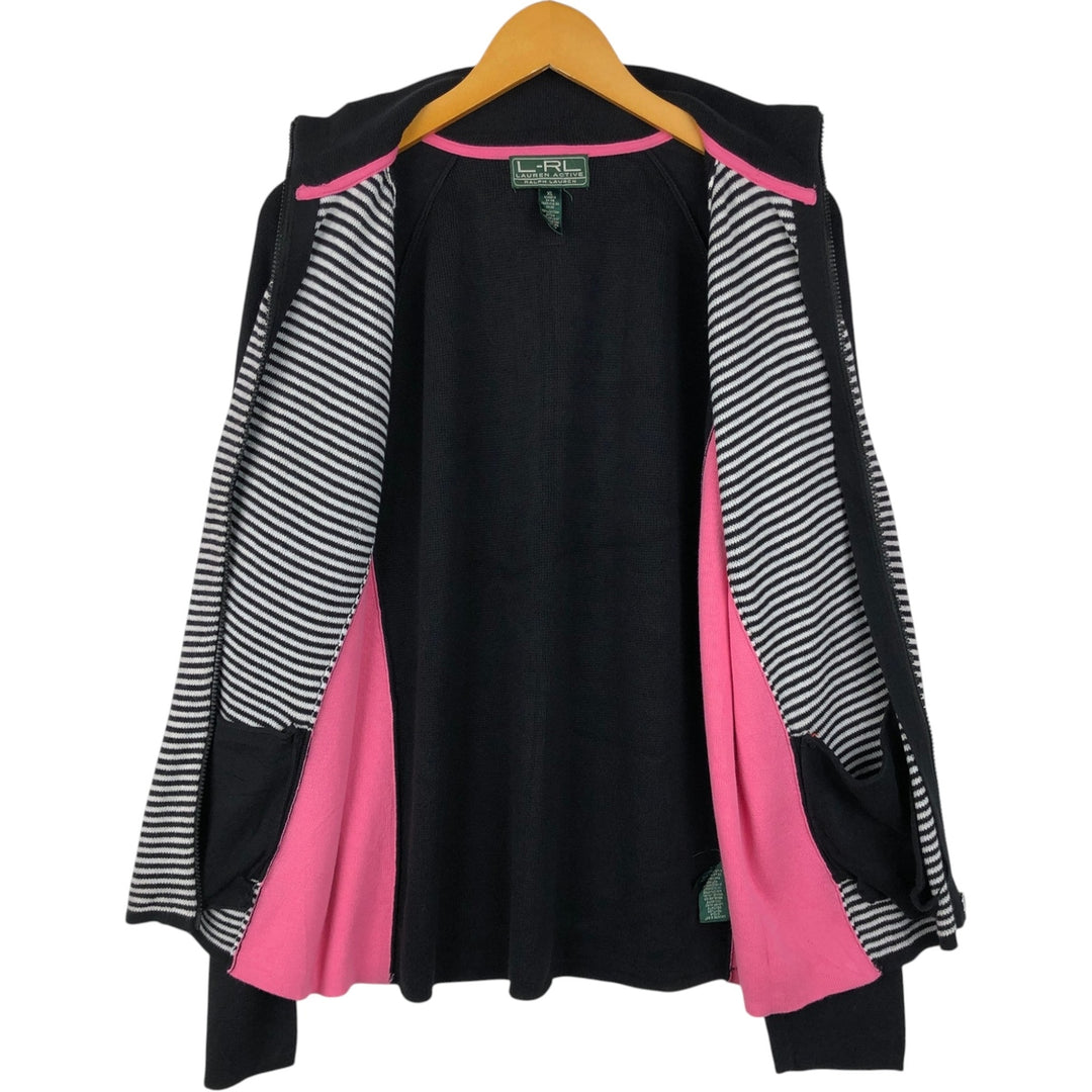 Ralph Lauren L-RL LAUREN ACTIVE Border Pattern Cotton Knit Full-Zip Sweater, Women's Size XL (approx.) cotton black type Vintage Second Hand