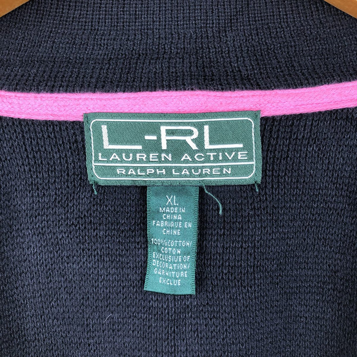 Ralph Lauren L-RL LAUREN ACTIVE Border Pattern Cotton Knit Full-Zip Sweater, Women's Size XL (approx.) cotton black type Vintage Second Hand