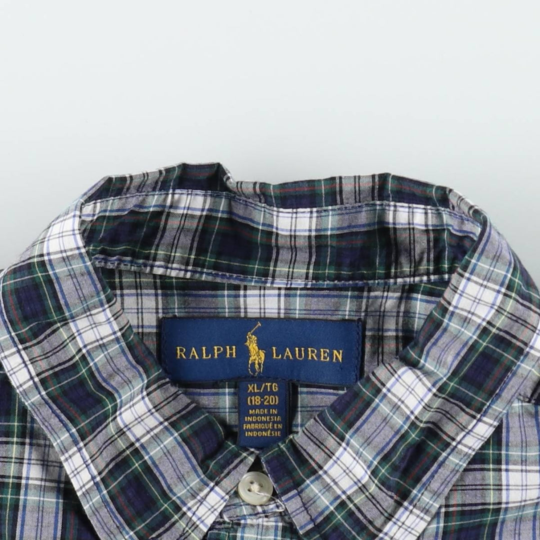 Ralph Lauren long-sleeved button-down check shirt, women's size M (approx.) cotton navy blue type Vintage Second Hand