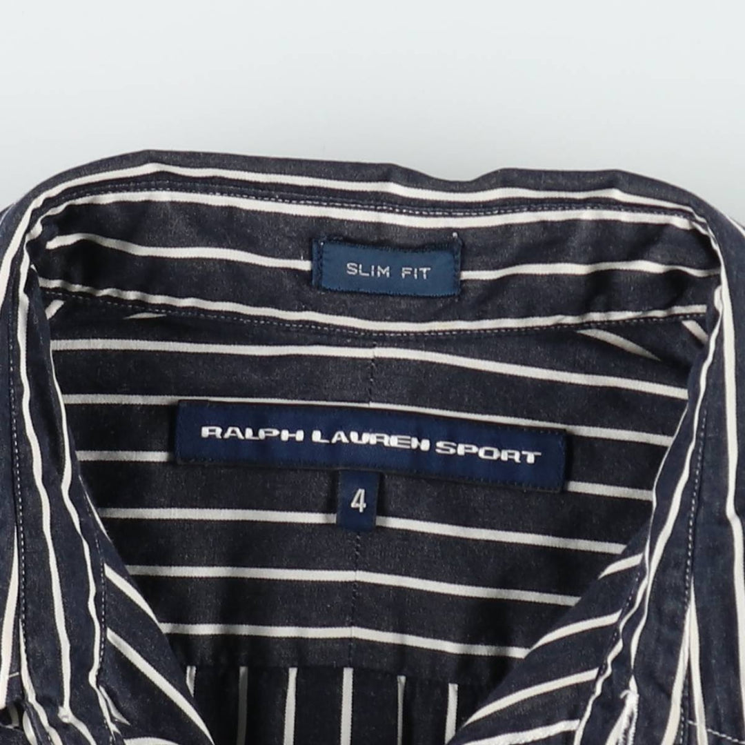 Ralph Lauren RALPH LAUREN SPORT SLIM FIT Long-Sleeve Cotton Stripe Shirt, Women's Size S (approx.) cotton navy blue type Vintage Second Hand