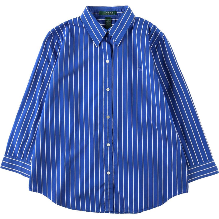 Ralph Lauren LAUREN Women's 3/4 Sleeve Cotton Stripe Shirt (Size L equivalent) cotton blue type Vintage Second Hand
