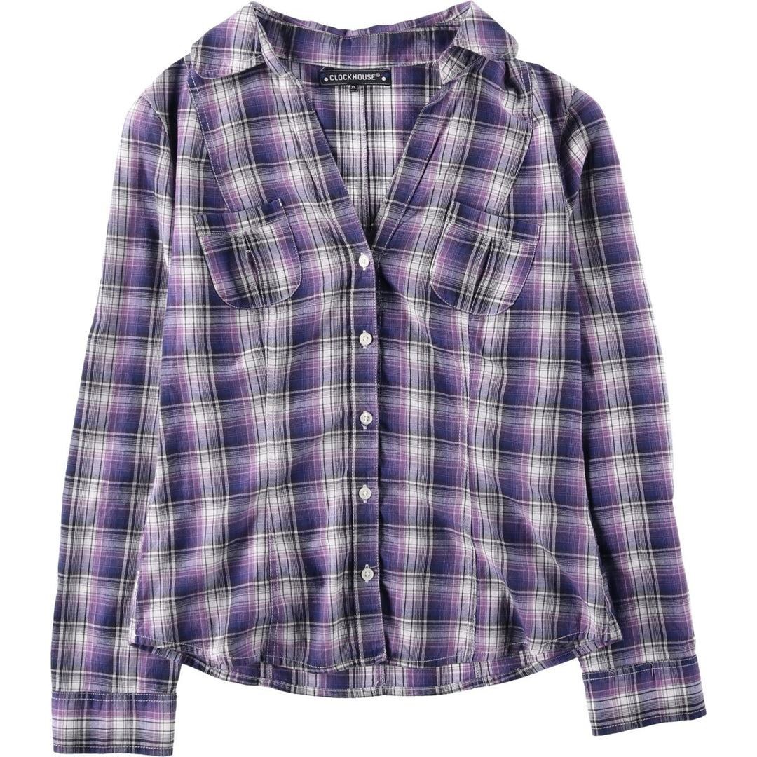 CLOCKHOUSE Skipper Collar Long-Sleeve Cotton Check Shirt, Women's Size XL (approx.) cotton purple type Vintage Second Hand