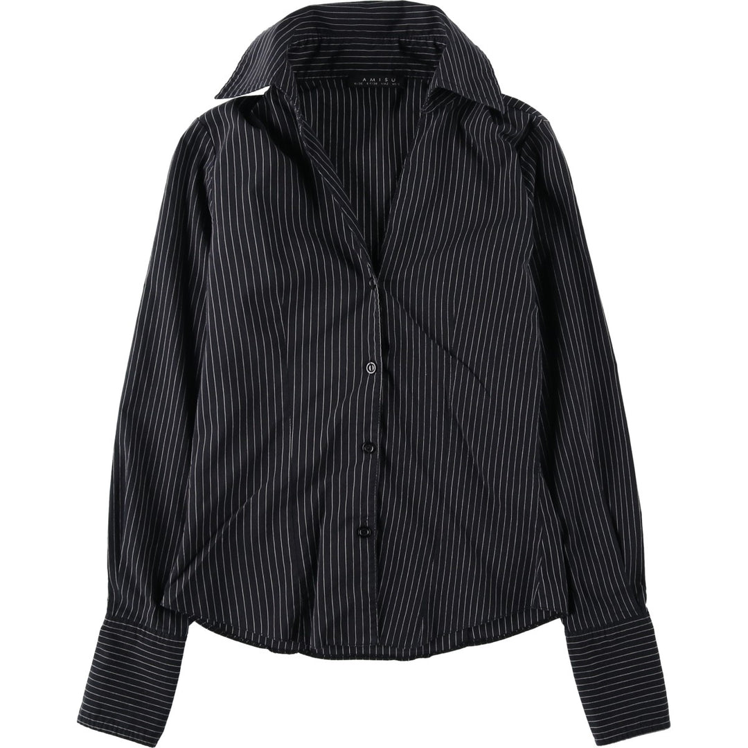 AMISU Skipper Collar Long-Sleeve Striped Shirt (Women's Size S) cotton black type Vintage Second Hand