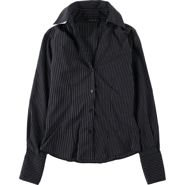 AMISU Skipper Collar Long-Sleeve Striped Shirt (Women's Size S) cotton black type Vintage Second Hand