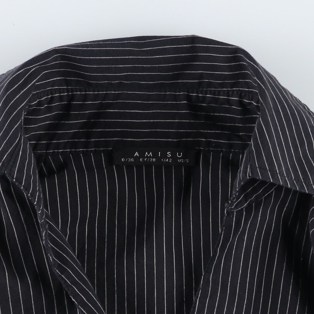 AMISU Skipper Collar Long-Sleeve Striped Shirt (Women's Size S) cotton black type Vintage Second Hand