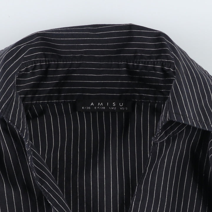 AMISU Skipper Collar Long-Sleeve Striped Shirt (Women's Size S) cotton black type Vintage Second Hand
