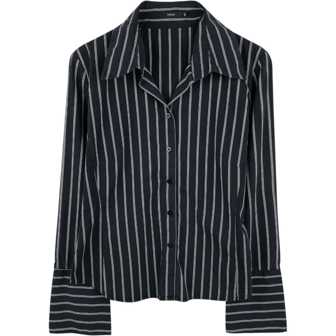 zero Skipper Collar Long-Sleeve Striped Shirt (Women's Size M) unclear black type Vintage Second Hand