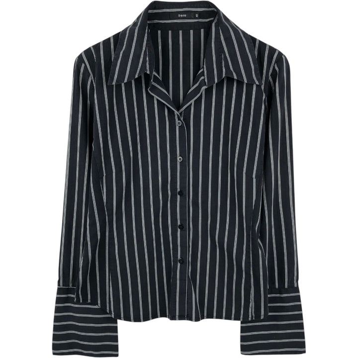 zero Skipper Collar Long-Sleeve Striped Shirt (Women's Size M) unclear black type Vintage Second Hand