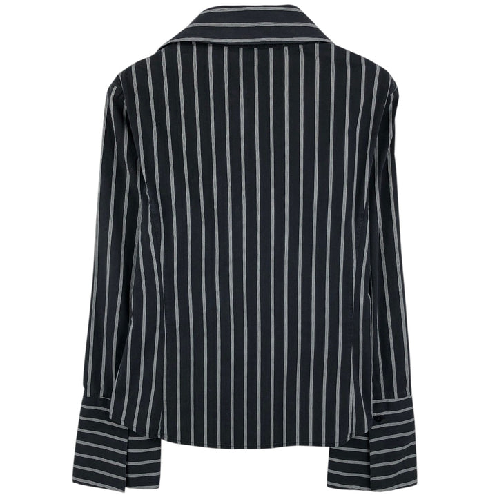 zero Skipper Collar Long-Sleeve Striped Shirt (Women's Size M) unclear black type Vintage Second Hand