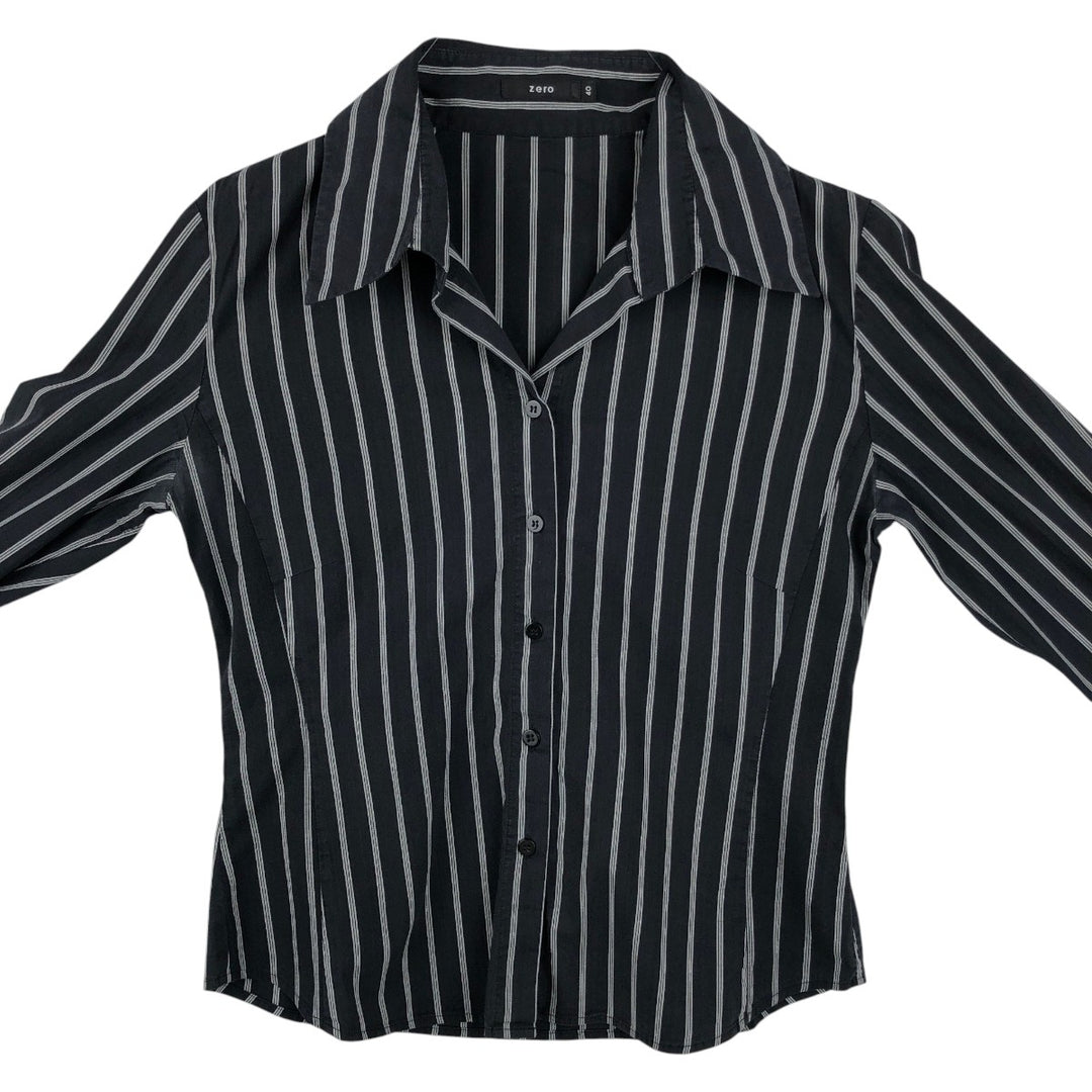 zero Skipper Collar Long-Sleeve Striped Shirt (Women's Size M) unclear black type Vintage Second Hand
