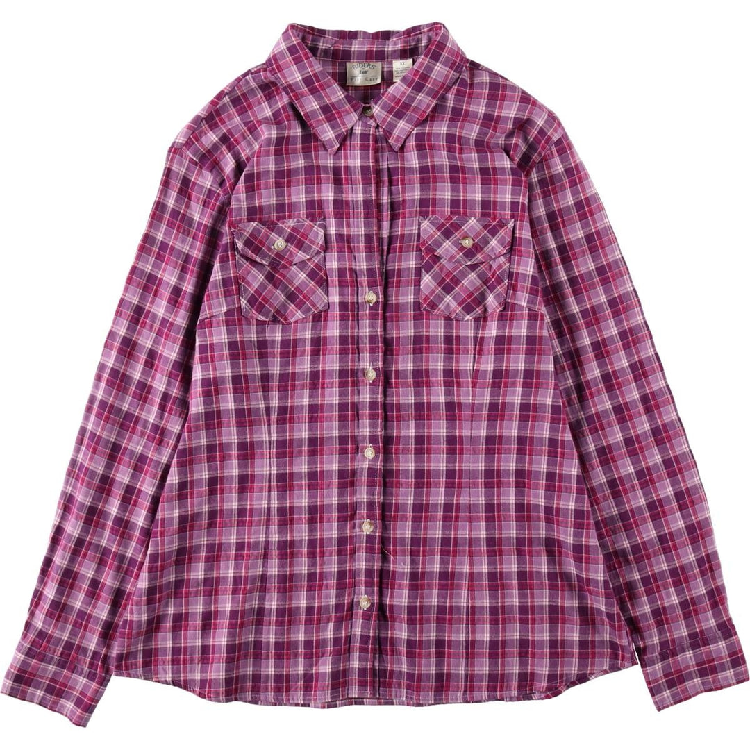 Lee RIDERS Skipper Collar Long Sleeve Cotton Check Shirt, Women's Size XL (approx.) cotton Purple type red-purple Vintage Second Hand