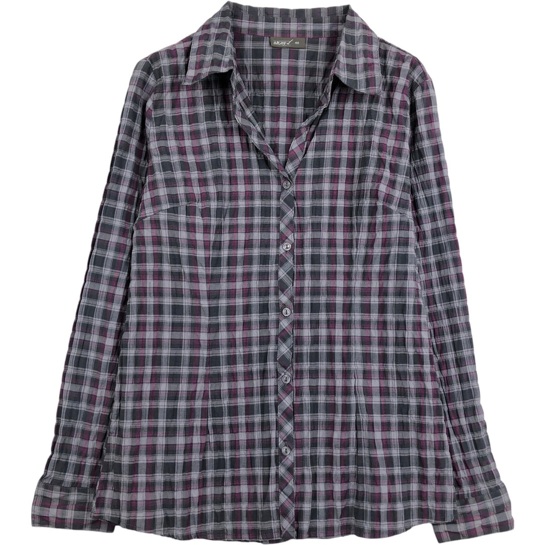 Okay Check Pattern Skipper Collar Long Sleeve Poly-Cotton Shirt (Women's Size S) polyester gray type Vintage Second Hand