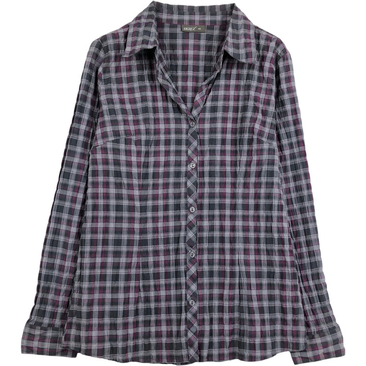 Okay Check Pattern Skipper Collar Long Sleeve Poly-Cotton Shirt (Women's Size S) polyester gray type Vintage Second Hand