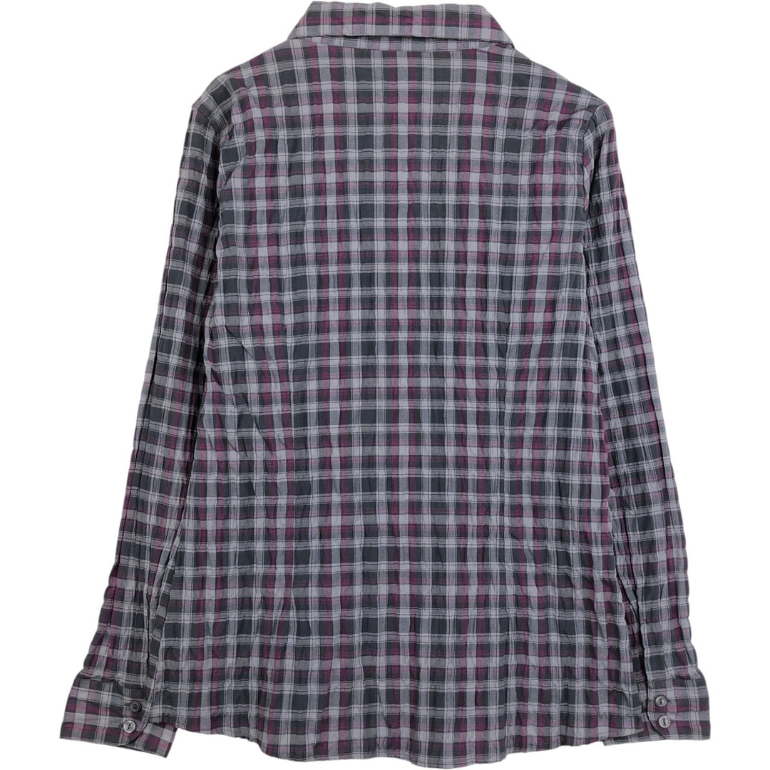 Okay Check Pattern Skipper Collar Long Sleeve Poly-Cotton Shirt (Women's Size S) polyester gray type Vintage Second Hand