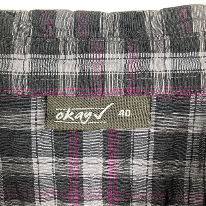 Okay Check Pattern Skipper Collar Long Sleeve Poly-Cotton Shirt (Women's Size S) polyester gray type Vintage Second Hand