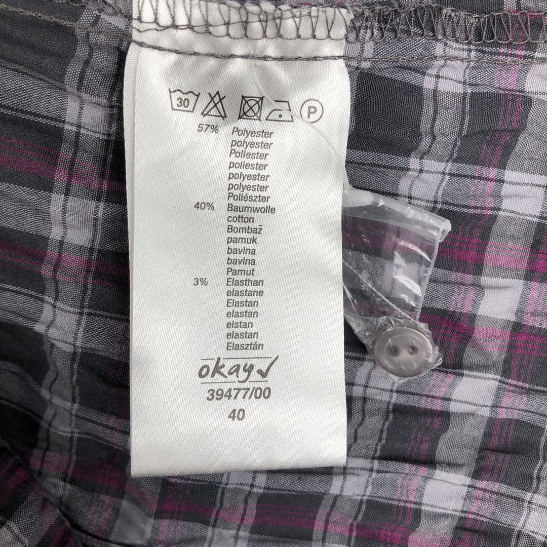 Okay Check Pattern Skipper Collar Long Sleeve Poly-Cotton Shirt (Women's Size S) polyester gray type Vintage Second Hand