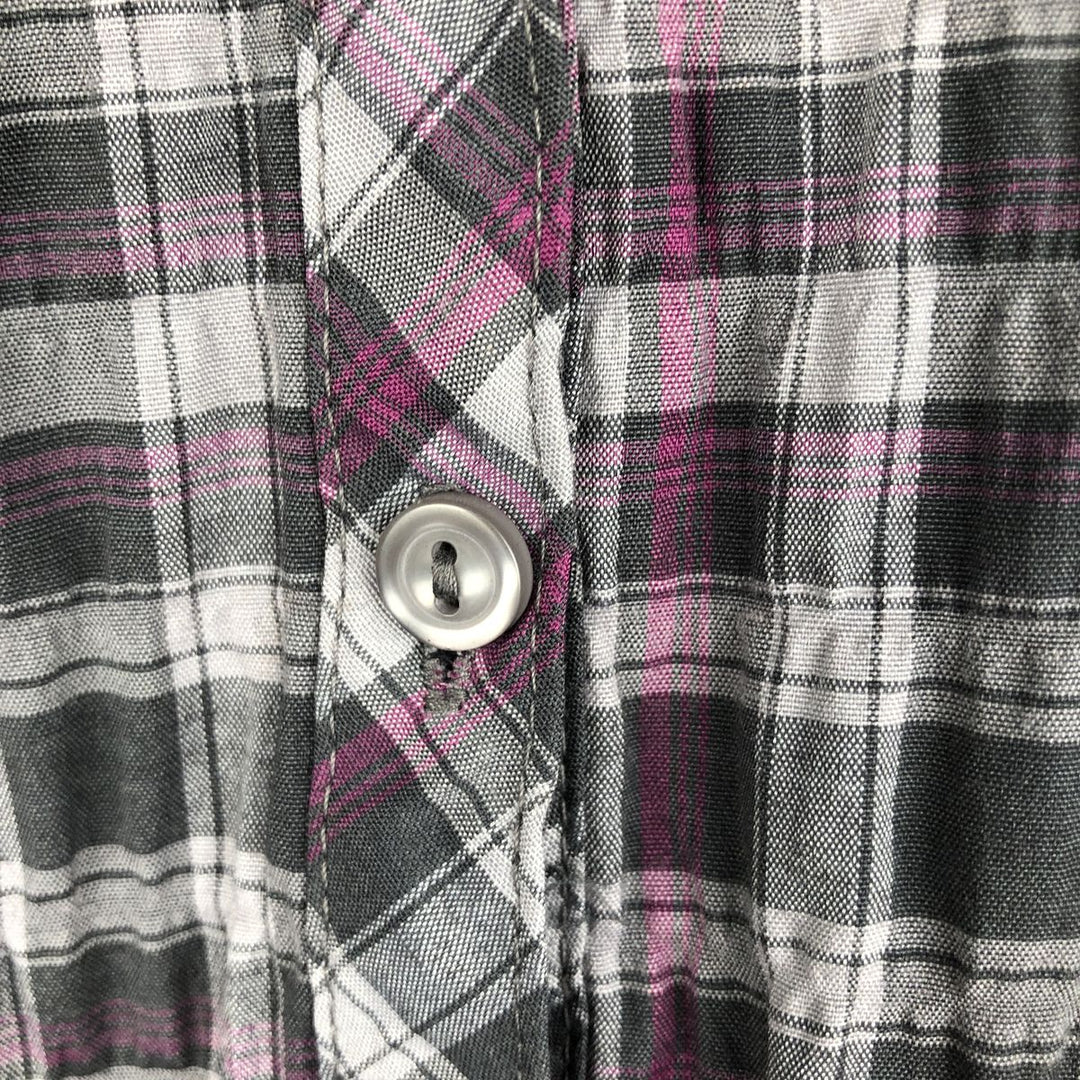 Okay Check Pattern Skipper Collar Long Sleeve Poly-Cotton Shirt (Women's Size S) polyester gray type Vintage Second Hand