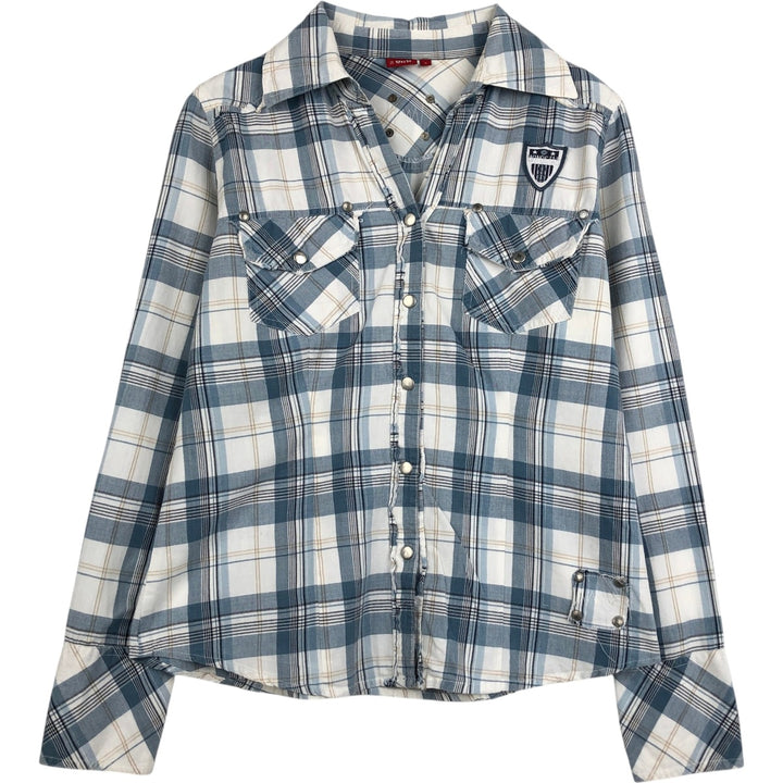 TANTUM ON Skipper Collar Long Sleeve Cotton Check Shirt (Women's Size S) cotton Blue type light blue Vintage Second Hand