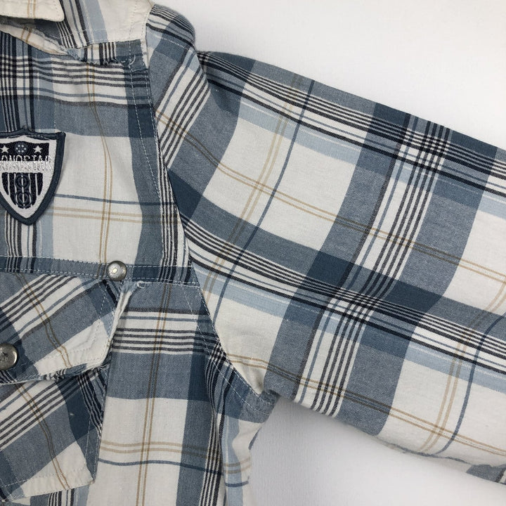 TANTUM ON Skipper Collar Long Sleeve Cotton Check Shirt (Women's Size S) cotton Blue type light blue Vintage Second Hand
