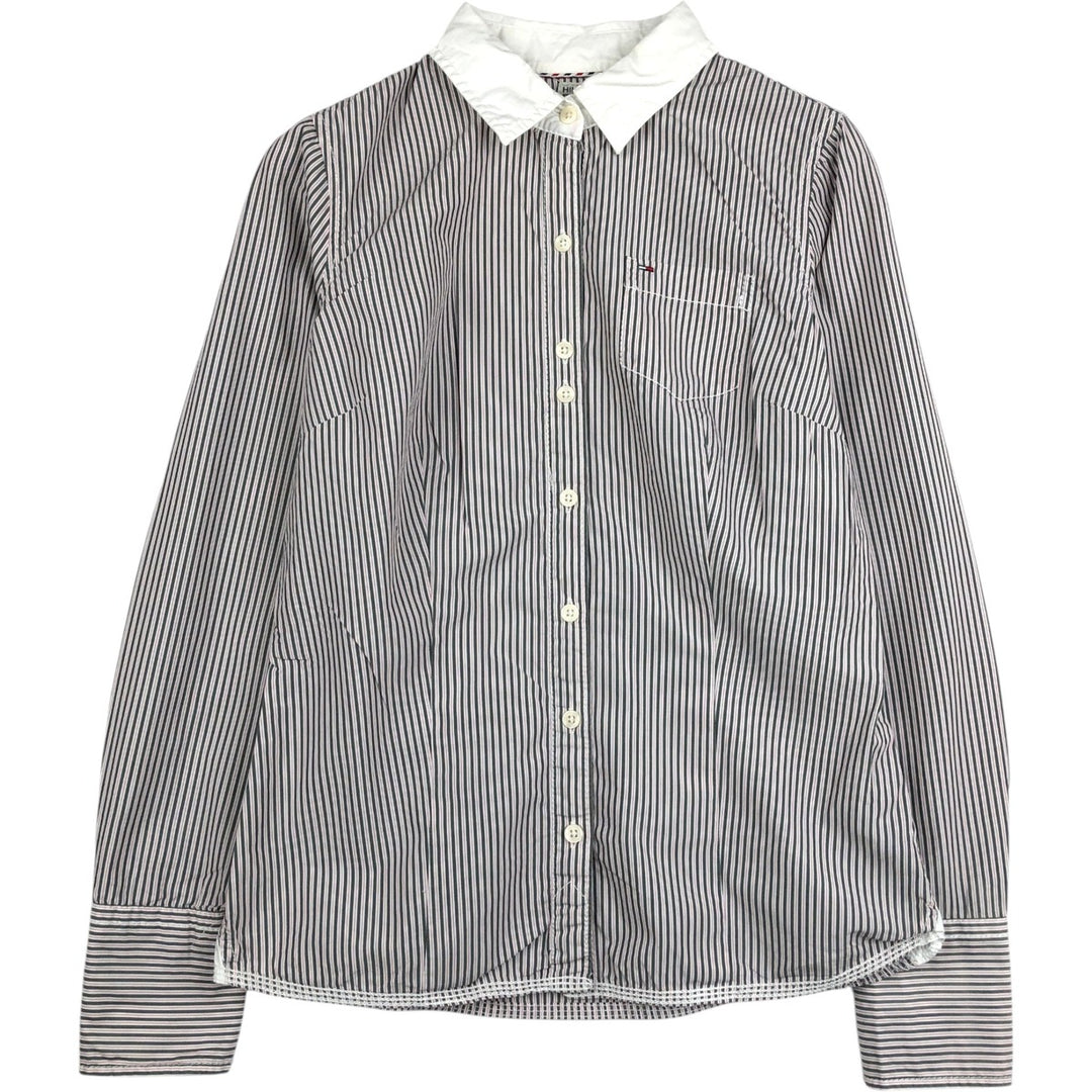 2000'S Tommy Hilfiger Denim Long-Sleeve Cotton Stripe Shirt, Cleric Shirt, Women's Size S (approx.) cotton white type Vintage Second Hand