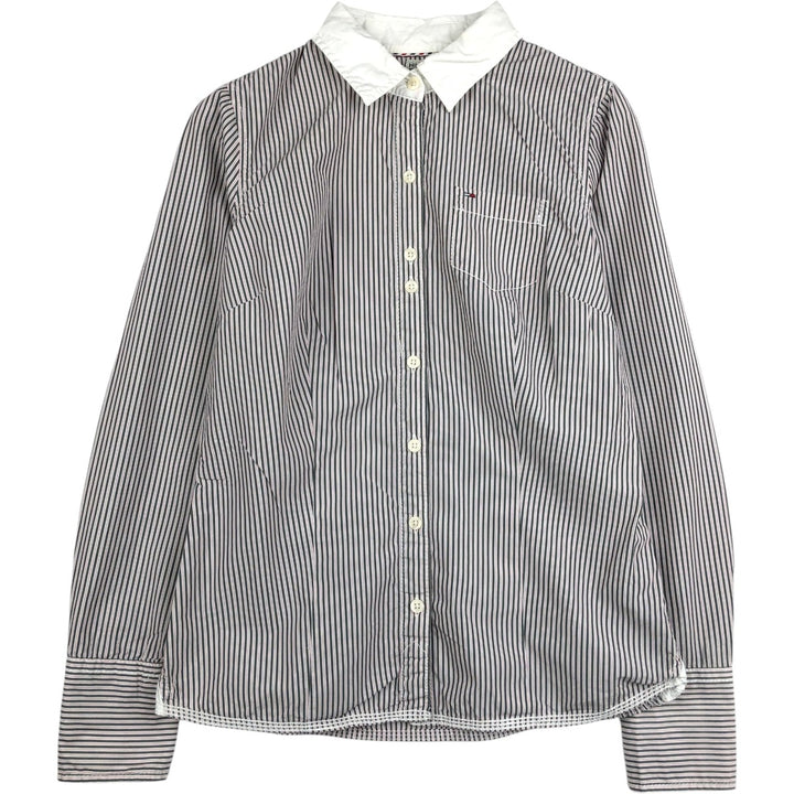 2000'S Tommy Hilfiger Denim Long-Sleeve Cotton Stripe Shirt, Cleric Shirt, Women's Size S (approx.) cotton white type Vintage Second Hand