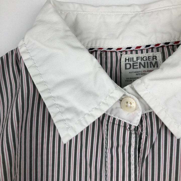 2000'S Tommy Hilfiger Denim Long-Sleeve Cotton Stripe Shirt, Cleric Shirt, Women's Size S (approx.) cotton white type Vintage Second Hand