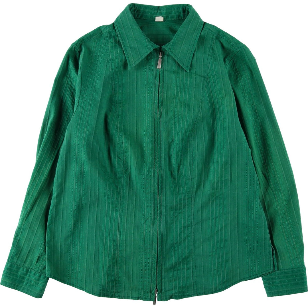 Long-sleeved striped shirt, women's size M (approx.) cotton green type Vintage Second Hand