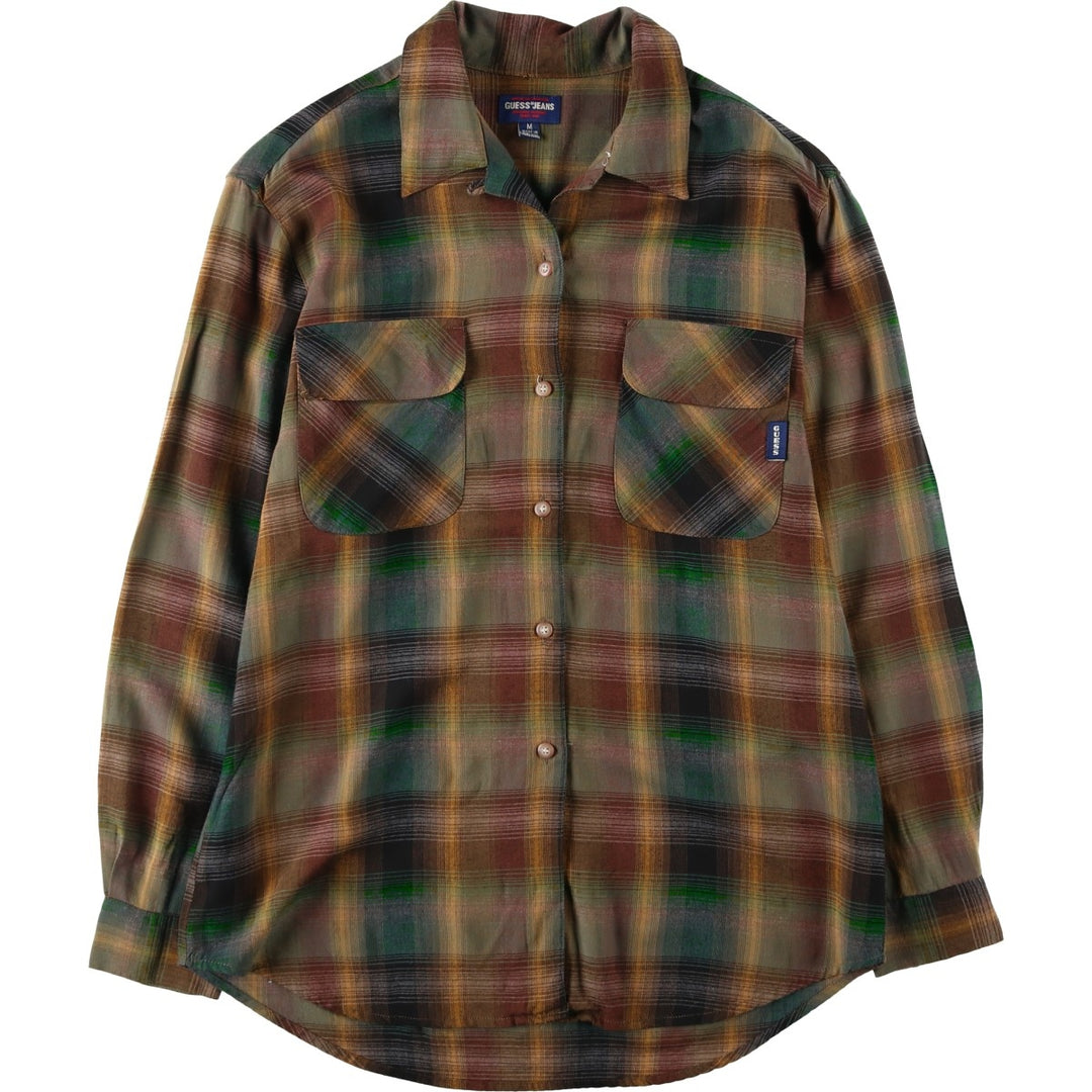80'S Guess Jeans Check Pattern Open Collar Long Sleeve Rayon Shirt, Women's Size M (approx.), Vintage Rayon brown type Vintage Second Hand