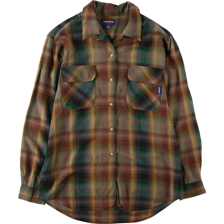 80'S Guess Jeans Check Pattern Open Collar Long Sleeve Rayon Shirt, Women's Size M (approx.), Vintage Rayon brown type Vintage Second Hand