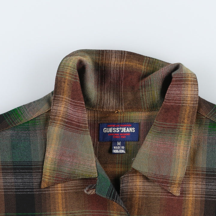 80'S Guess Jeans Check Pattern Open Collar Long Sleeve Rayon Shirt, Women's Size M (approx.), Vintage Rayon brown type Vintage Second Hand