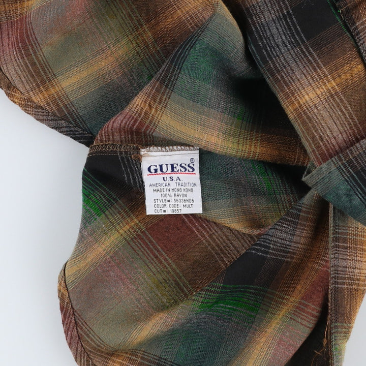 80'S Guess Jeans Check Pattern Open Collar Long Sleeve Rayon Shirt, Women's Size M (approx.), Vintage Rayon brown type Vintage Second Hand