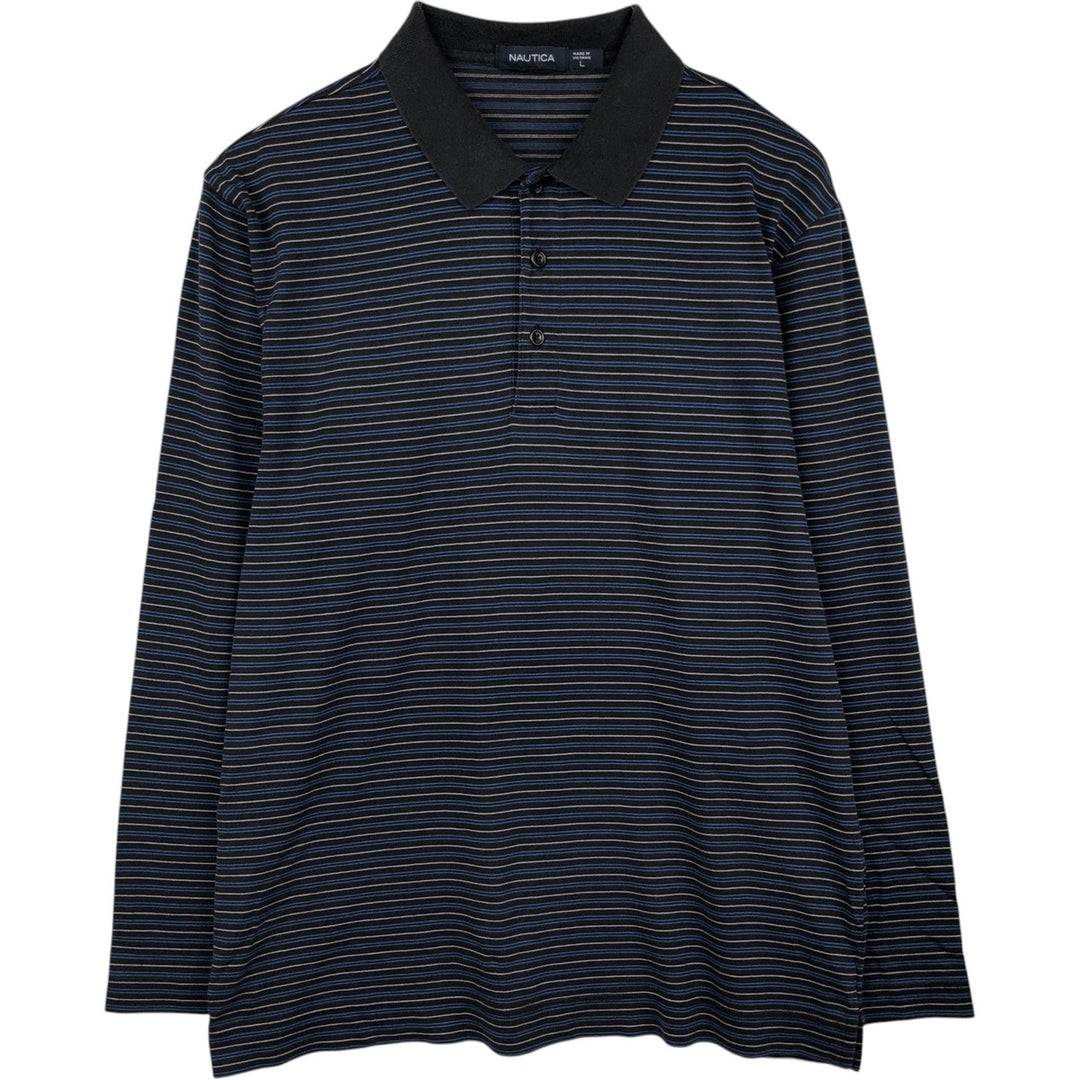Nautica Multi-Stripe Long-Sleeve Polo Shirt, Men's Size L (approx.) cotton black type Vintage Second Hand