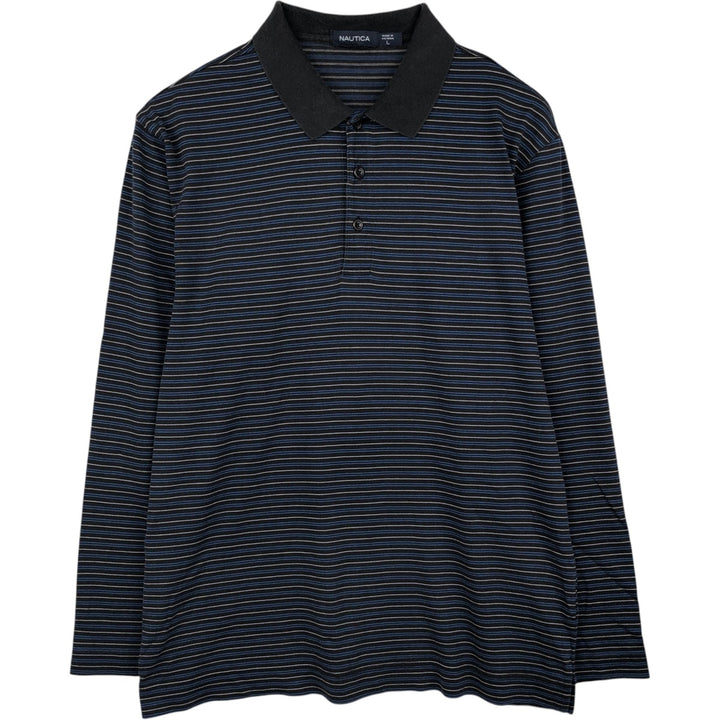 Nautica Multi-Stripe Long-Sleeve Polo Shirt, Men's Size L (approx.) cotton black type Vintage Second Hand
