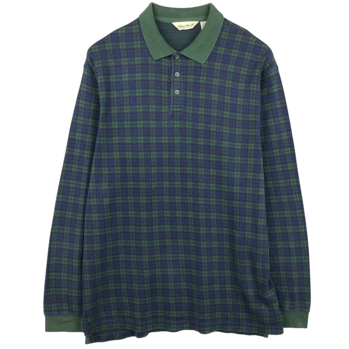 1990'S Eddie Bauer Long-Sleeve Check Polo Shirt, Men's Size L (Equivalent), Vintage cotton green type Vintage Second Hand
