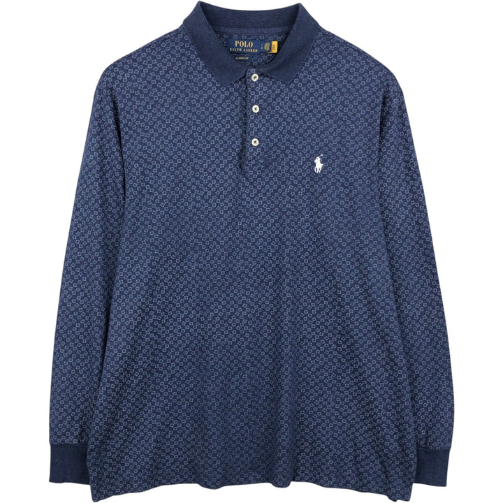 Ralph Lauren POLO RALPH LAUREN CLASSIC FIT all-over print long-sleeved polo shirt, men's size L (approx.) unclear navy blue type Vintage Second Hand