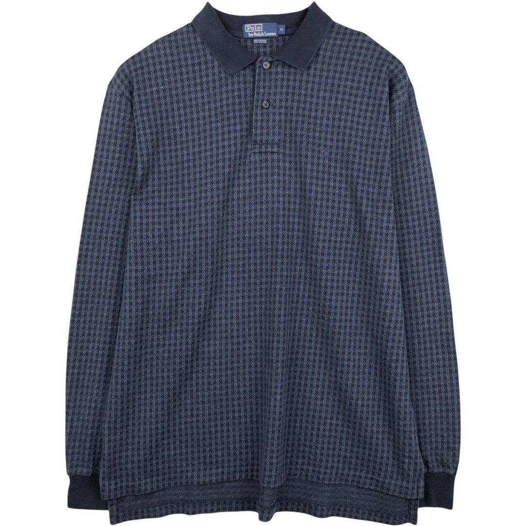 Ralph Lauren POLO by Ralph Lauren Houndstooth Pattern Long-Sleeve Check Polo Shirt, Men's Size XL (approx.) cotton navy blue type Vintage Second Hand