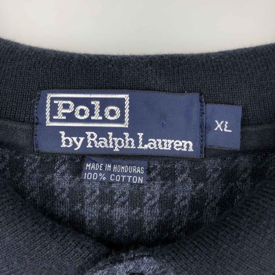Ralph Lauren POLO by Ralph Lauren Houndstooth Pattern Long-Sleeve Check Polo Shirt, Men's Size XL (approx.) cotton navy blue type Vintage Second Hand