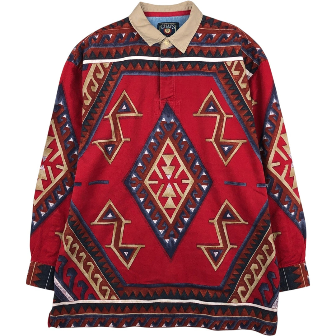1980'S Ralph Lauren CHAPS Native Pattern Long-Sleeve Polo Shirt, Men's Size L (approx.), Vintage cotton red type Vintage Second Hand