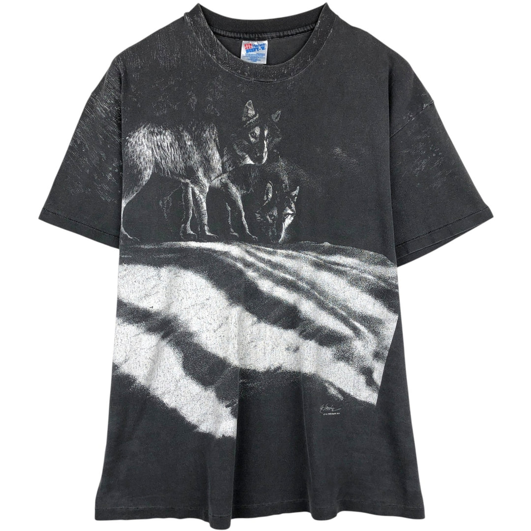 90'S Hanes BEEFY-T Wolf Pattern Animal T-Shirt, Made in USA, Men's XL equivalent, Vintage cotton Charcoal Vintage Second Hand