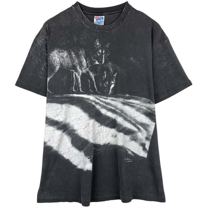 90'S Hanes BEEFY-T Wolf Pattern Animal T-Shirt, Made in USA, Men's XL equivalent, Vintage cotton Charcoal Vintage Second Hand
