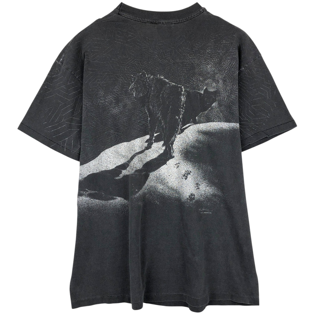 90'S Hanes BEEFY-T Wolf Pattern Animal T-Shirt, Made in USA, Men's XL equivalent, Vintage cotton Charcoal Vintage Second Hand