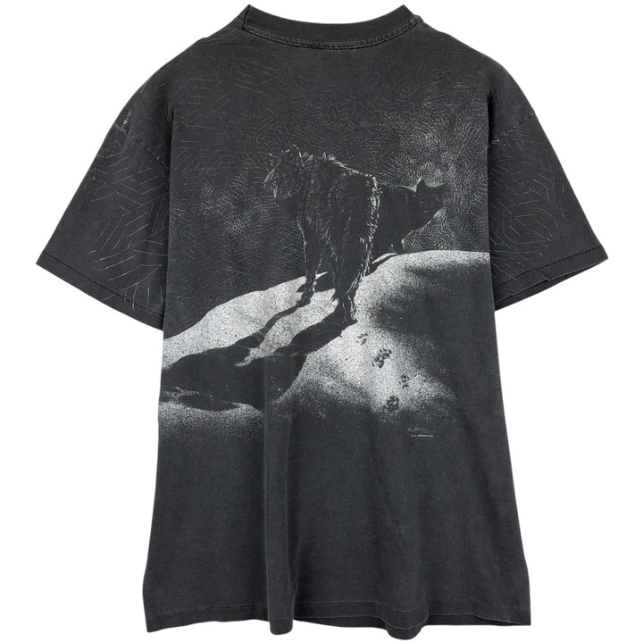 90'S Hanes BEEFY-T Wolf Pattern Animal T-Shirt, Made in USA, Men's XL equivalent, Vintage cotton Charcoal Vintage Second Hand